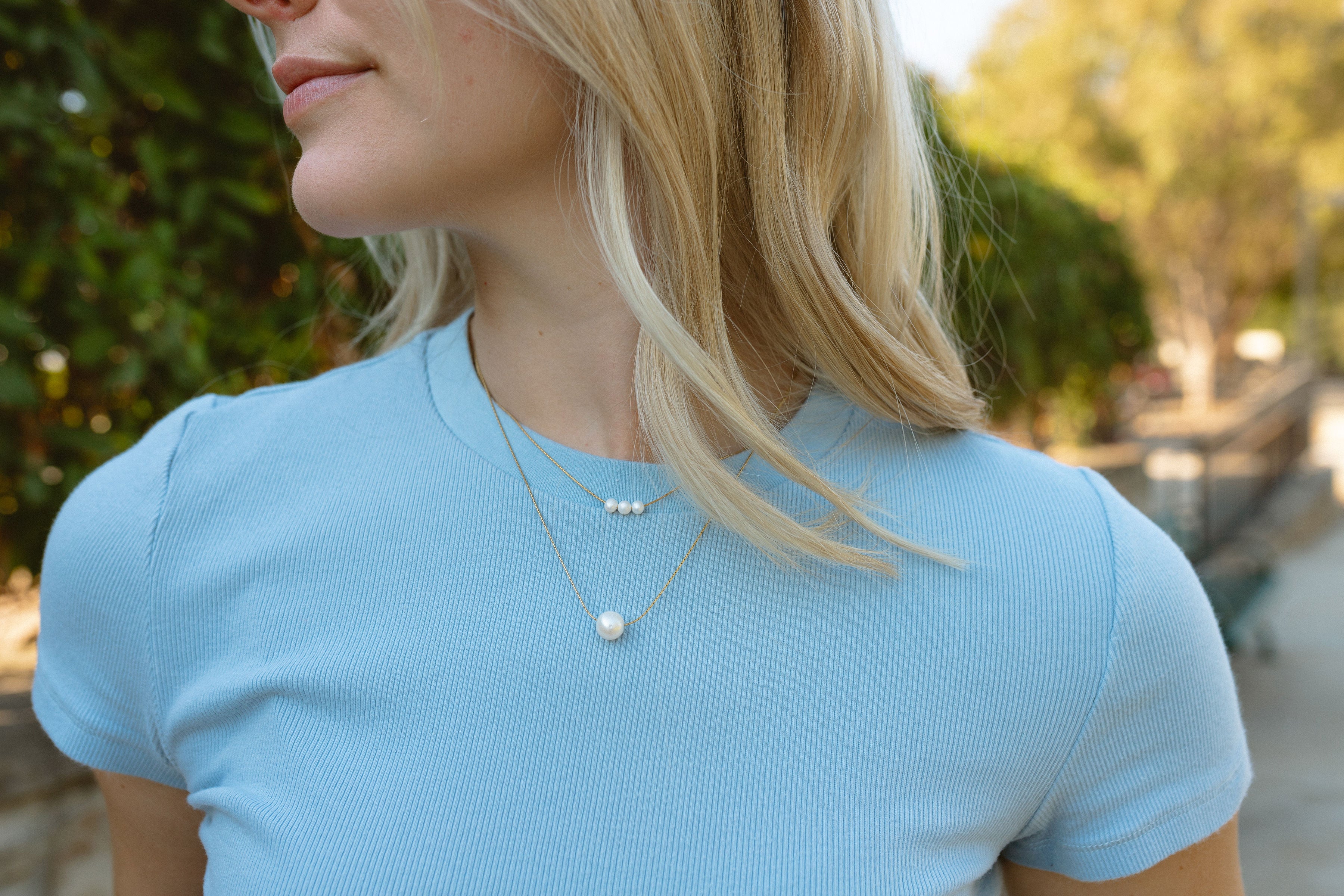 Floating Pearl Necklace on Gold