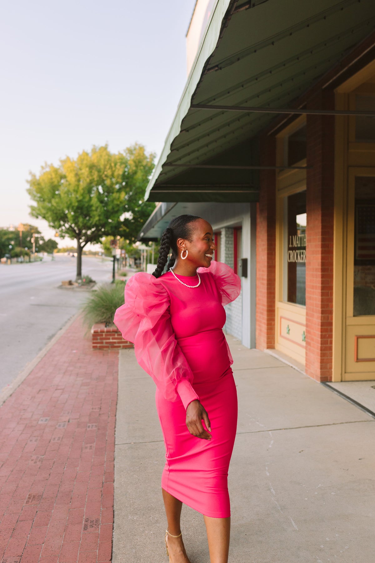 pink dress with pearl necklace Felicity Pink Pearl Strap Ruffle Maxi Dress - US 12
