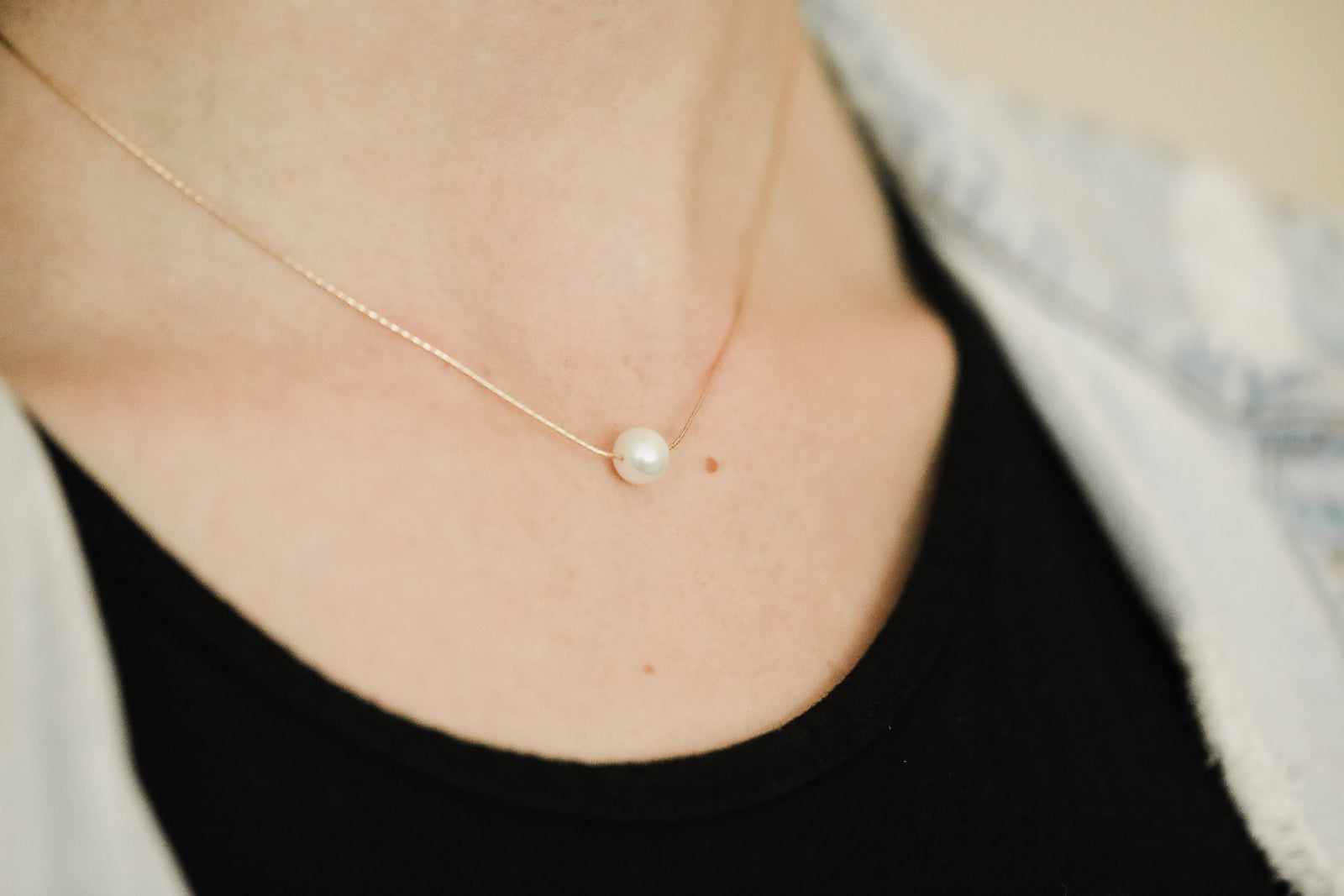 Floating Pearl Necklace on Gold